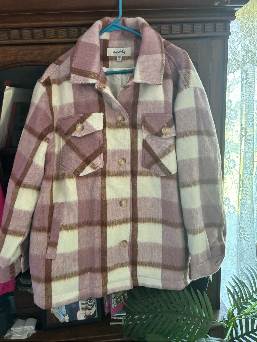 Sebby Pink, White & Brown Plaid Shacket